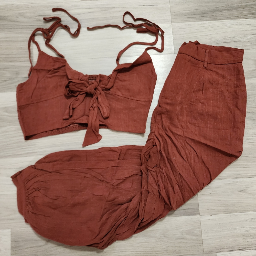Rust Two-Piece Linen Set with Crop Top and Pants